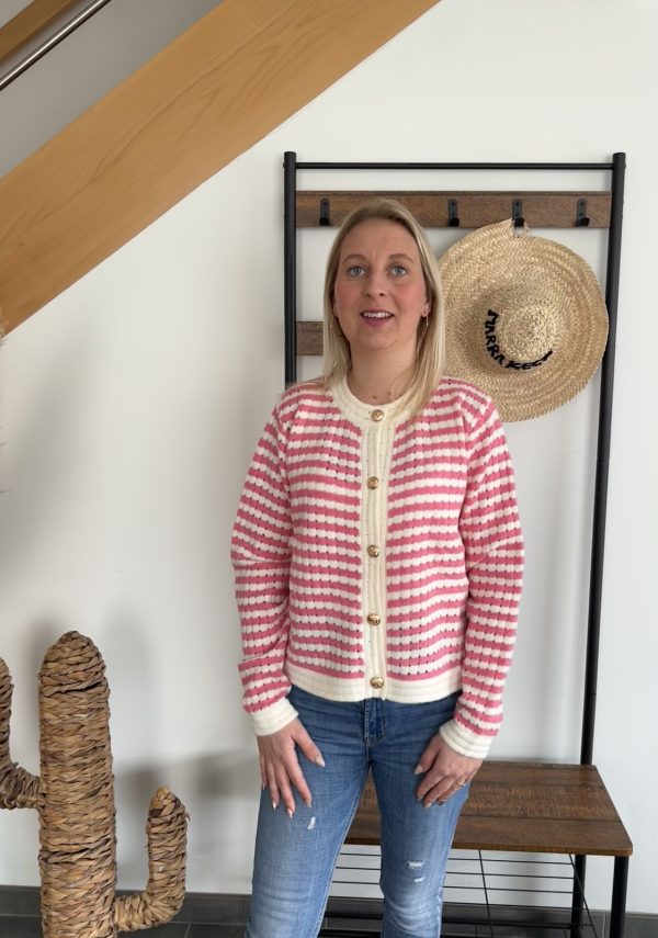 gilet à rayures rose et écru de face
