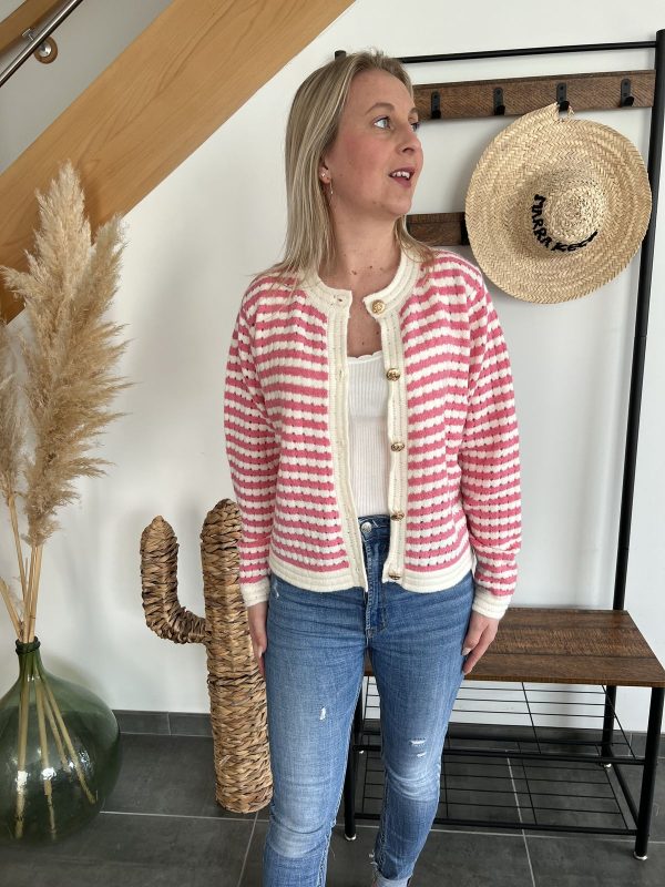 gilet à rayures rose et écru ouvert