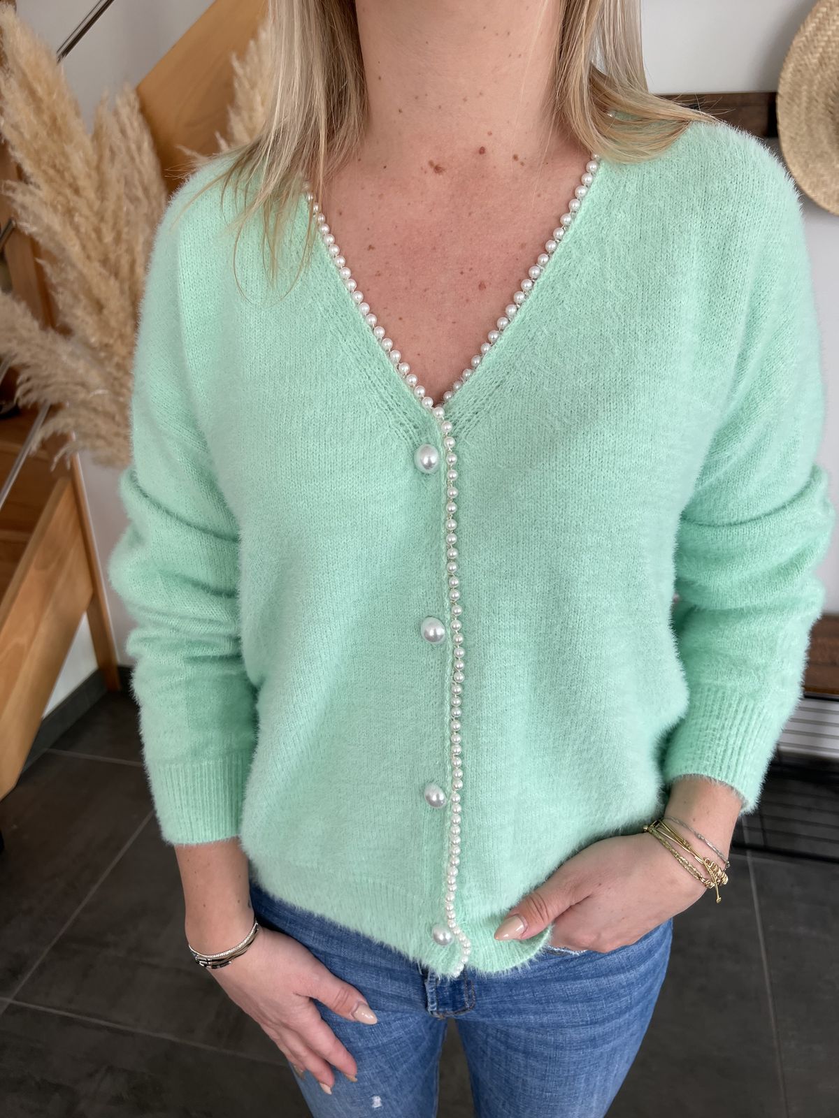 gilet vert menthe perle de culture gilet moelleux vert menthe