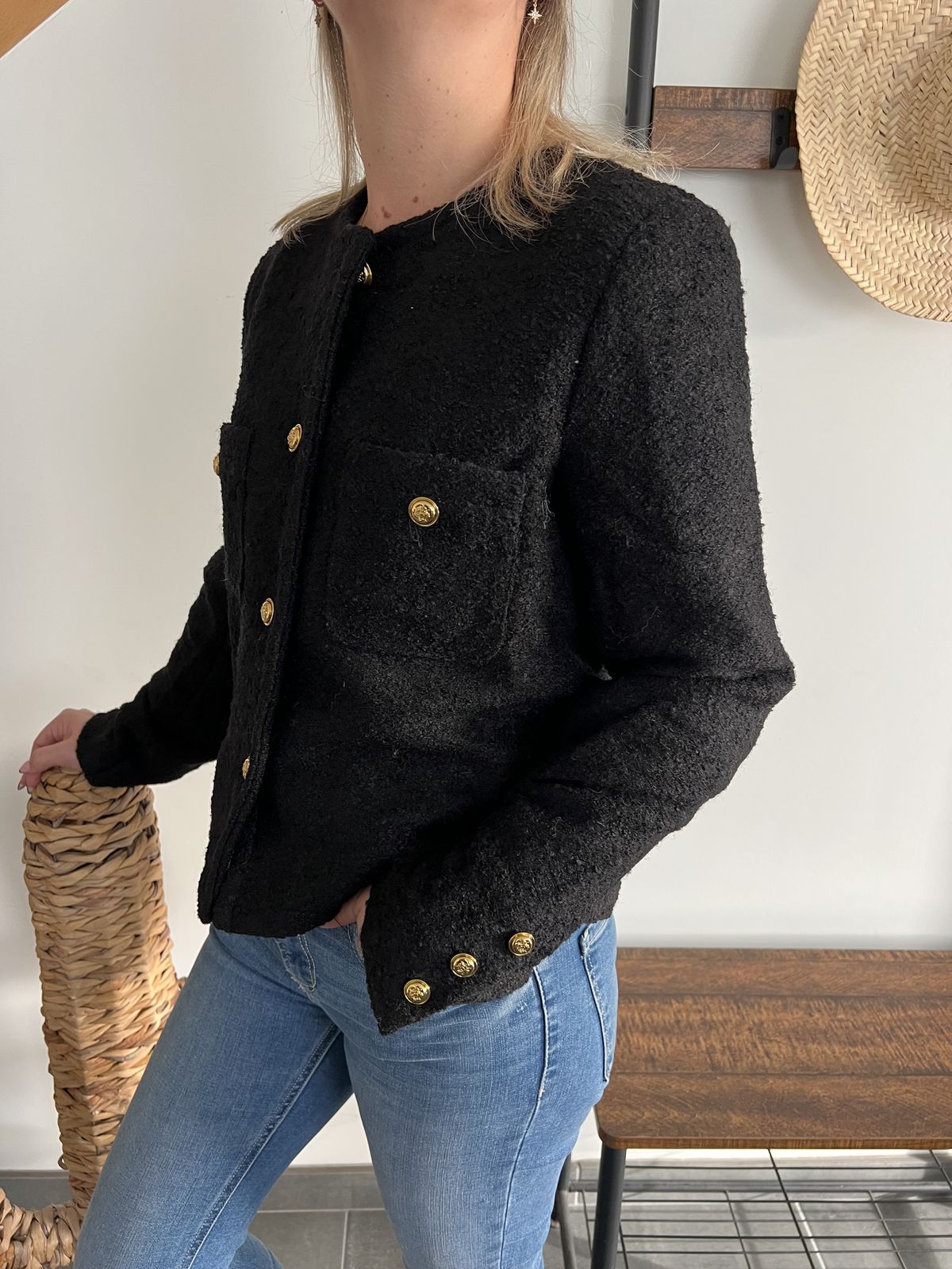 veste noir bouton or veste noire lainage bouclette