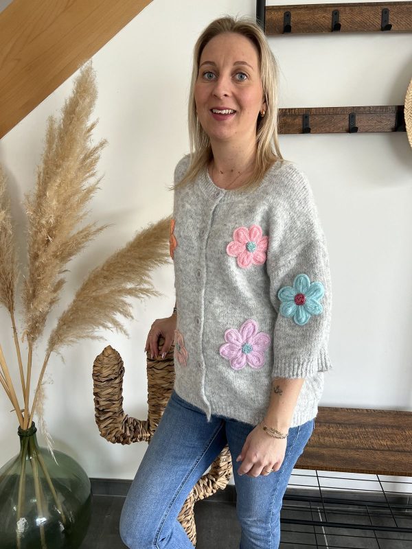 gilet gris à fleurs