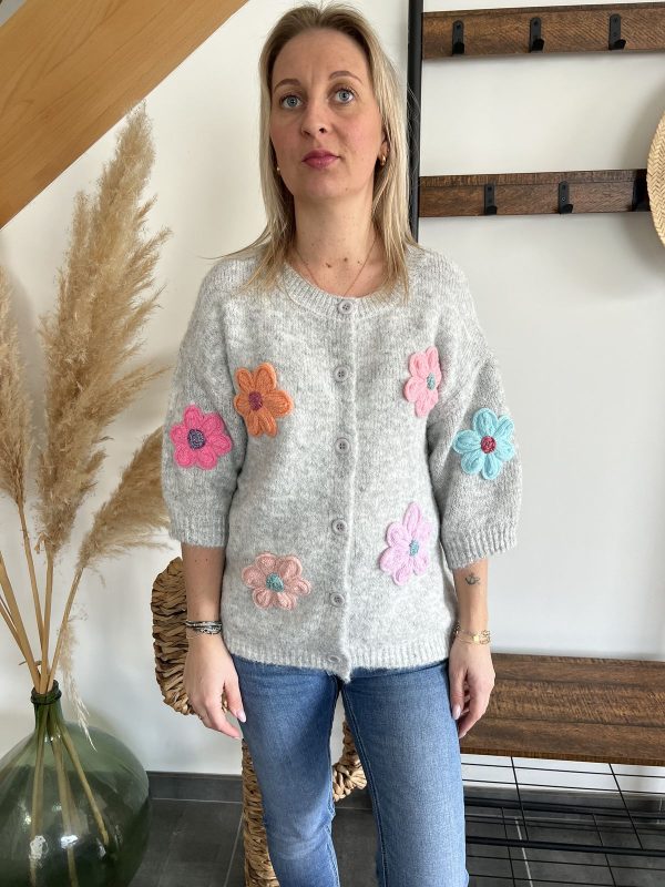 gilet gris à fleurs