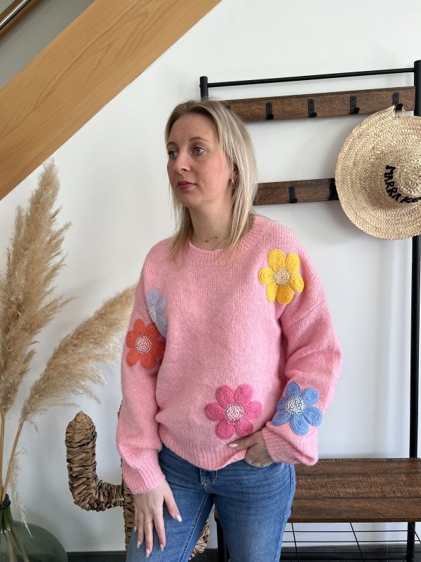 Pull rose fleurs