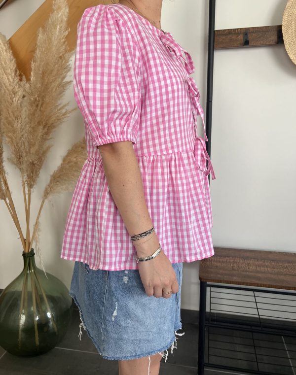 Blouse vichy rose à nouer