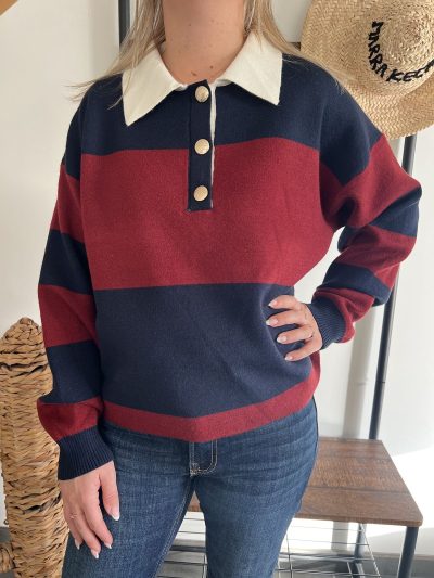 pull polo pour femme bleu et bordeaux