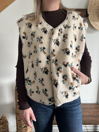 Gilet sans manches à fleurs Gilet sans manches à fleurs effet mouton pour femme
