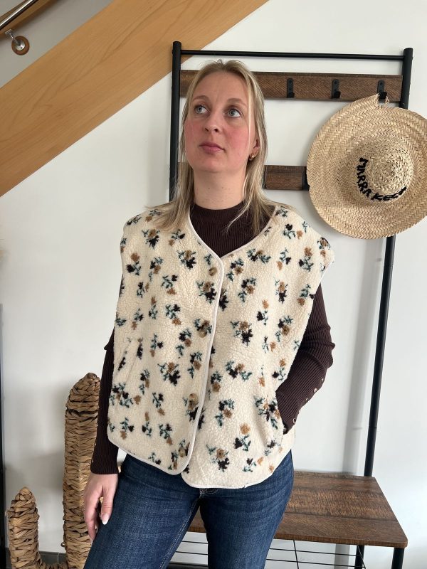 gilet effet mouton sans manches à fleurs pour femme