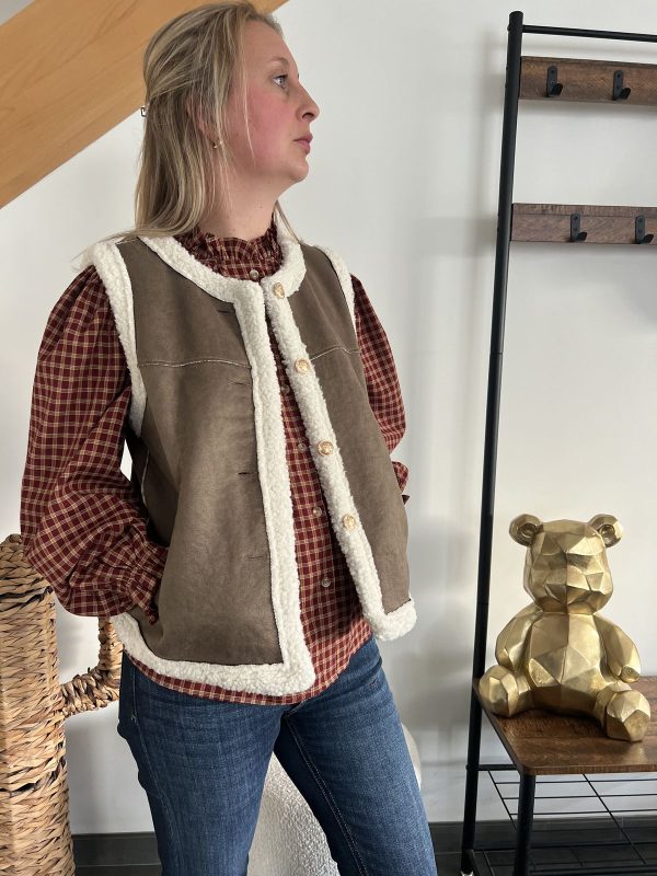 gilet sans manches kaki pour femme effet mouton pour la doublure