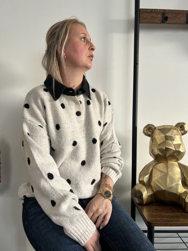 pull gris à pois