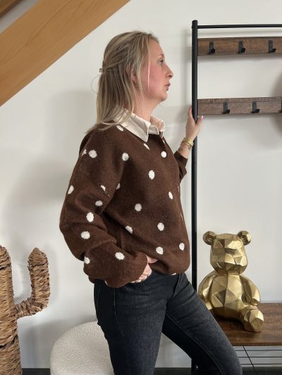 pull marron col chemise pour femme à pois