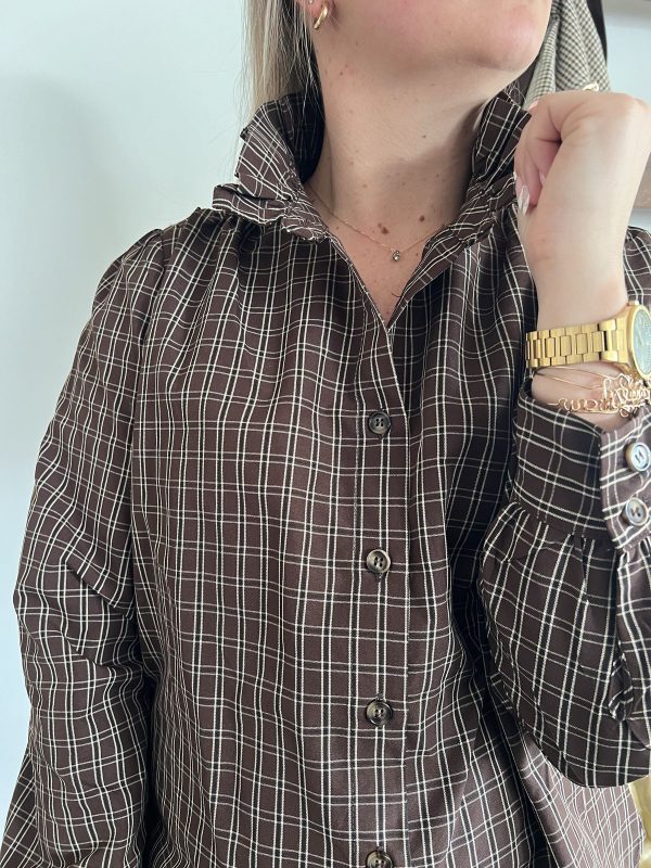 chemise femme col montant à carreaux chocolat